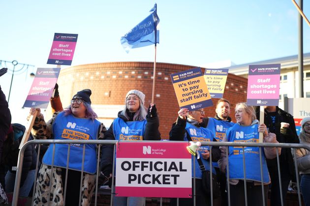 Members of the Royal College of Nursing (RCN) on the picket line outside Leeds General Infirmary.