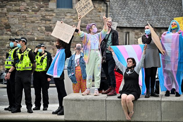 Campaigners calling for trans rights earlier this year outside the Scottish government