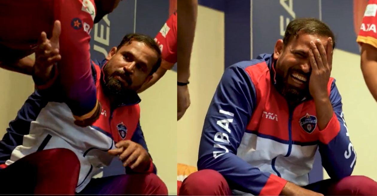 Yusuf Pathan while carrying out a prank on Dubai Capitals management