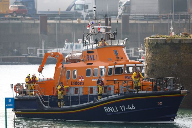A lifeboat returns to the Port of Dover amid a rescue operation.